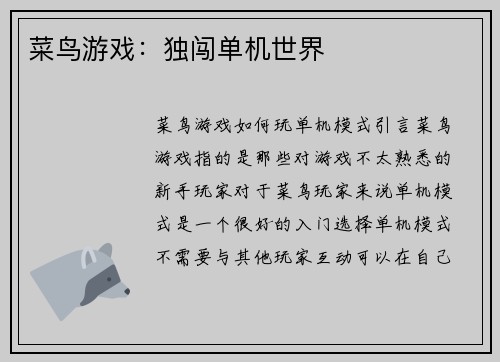 菜鸟游戏：独闯单机世界