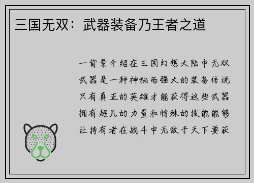 三国无双：武器装备乃王者之道