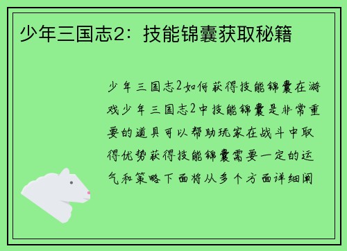 少年三国志2：技能锦囊获取秘籍